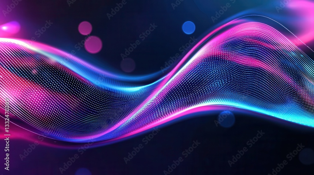 Poster vibrant glowing neon wave lines in shimmering shades of pink and blue creating a mesmerizing and dyn