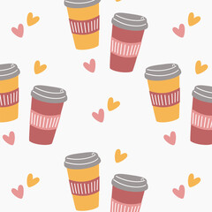 Coffee cup seamless pattern, vector illustration with hearts for cafe design, wrapping paper, and packaging