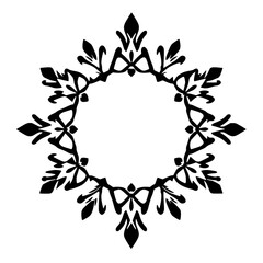 Intricate black and white symmetrical ornamental floral design, a circular frame with pointed leaf shapes, set against a clean white backdrop.