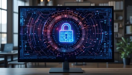 Large computer screen with active digital security system. Ai generated image