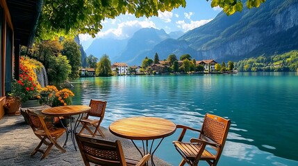 Fototapeta premium Wooden tables and chairs sit beside a beautiful lake scene