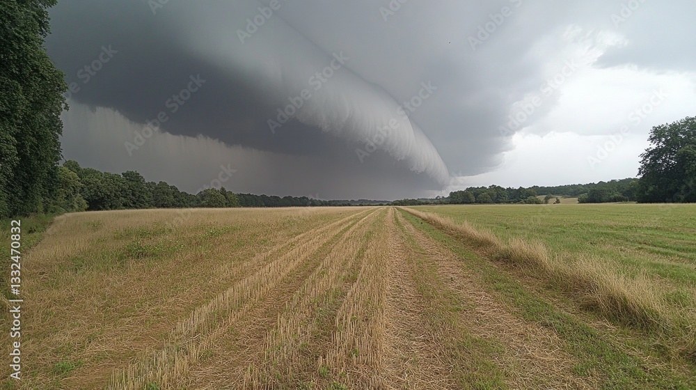 Poster over a golden field basking in summer's warmth, heavy clouds gather menacingly, ready to unleash a m