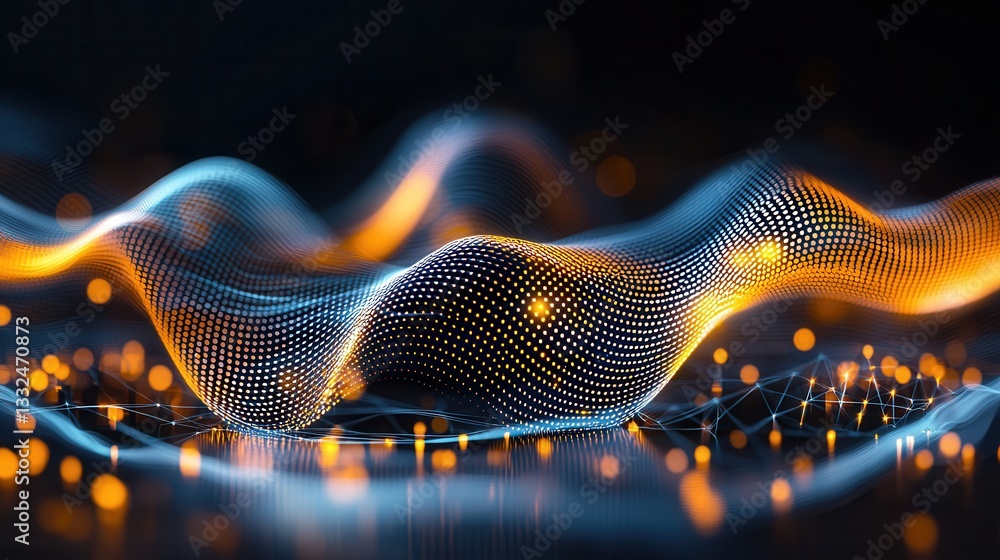 Poster vibrant and dynamic abstract composition of high speed gold neon wave lines with captivating bokeh l