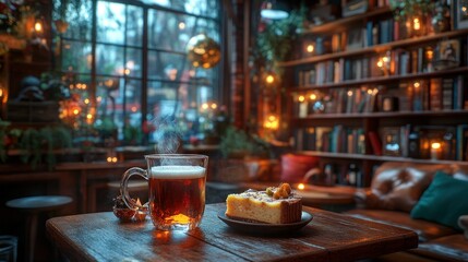 Cozy cafe with tea and pastry