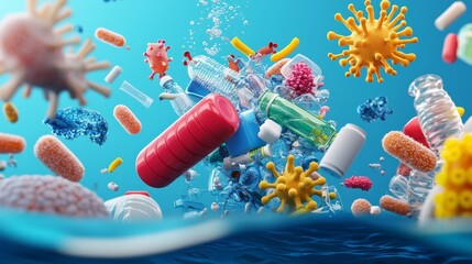 Microscopic bacteria breaking down plastic waste in ocean water, Biodegradation.