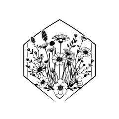 Detailed Black and White Floral Illustration: A Diverse Bouquet, Enclosed in a Geometric Hexagon Frame, Capturing Botanical Beauty.