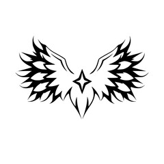 Stylized Black and White Winged Emblem Featuring Star-like Center on Blank Canvas, Modern Minimalist Design