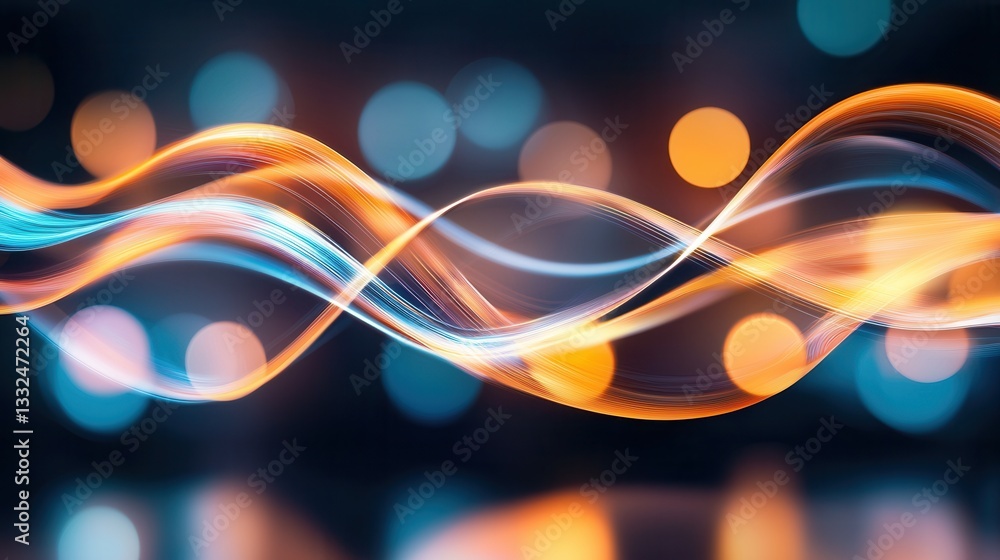 Poster swirling luminous neon wave lines in vibrant shades of orange and blue flow with dynamic energy crea