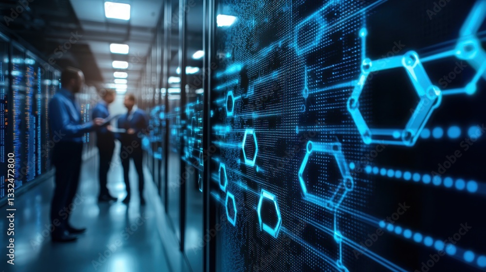 Poster technology network data center with workers and digital graphics