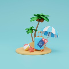 3D tropical island, summer vacation, time to travel, beach holiday. Palm trees, beach umbrella, ball, starfish, suitcase, passport with plane tickets. Hello summer. 3D rendering.
