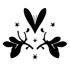 Symmetrical black and white floral design with heart-shaped center and starburst accents, minimalist and modern aesthetic.