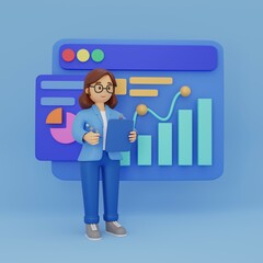 The woman is engaged in conducting SEO analysis, studying website traffic, optimization indicators, marketing strategy analytics. 3D rendering.
