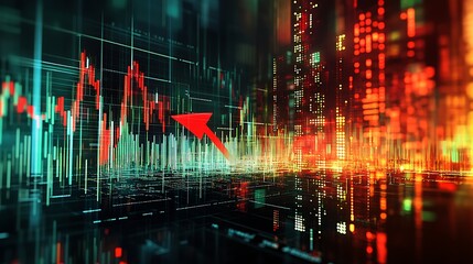 Aviation Industry Decline on Stock Market Graph, A digital stock market graph with a downward trend and a red airplane icon