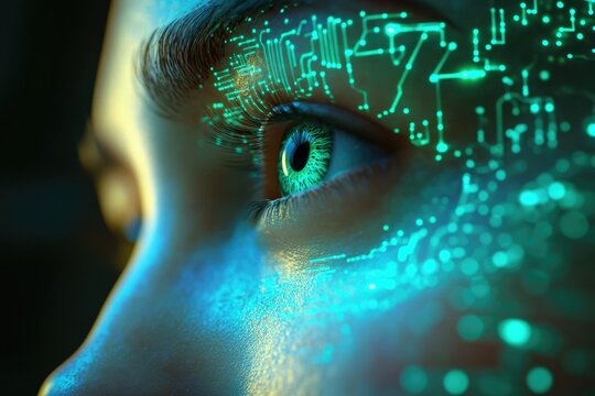 Close-up of a woman's eye with glowing circuit board patterns overlaid, representing futuristic technology and AI.