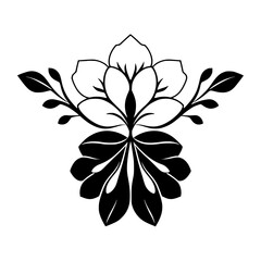 Symmetrical Floral Design in Black and White: Detailed Petals, Leaves, and Twigs on a Clean Background, Reflecting Nature's Elegance.
