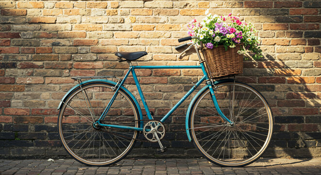 Old Bicycle Leaning Against a Brick Wall with Flowers in Its Basket