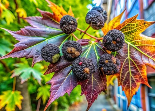 Urban Decay: Black Galls on Silver Maple Leaves, Acer saccharinum, Vasates quadripedes infestation