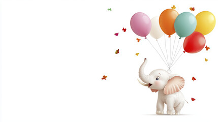 Naklejka premium Cute elephant holding colorful balloons, surrounded by butterflies, joyful scene