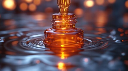 Amber liquid pouring into a bottle, close up, vibrant lighting