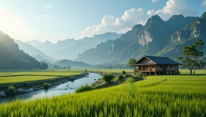 small hut with view of green rice fields, river and mountains in one area. Ai generated image