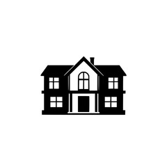 Clean black and white vector illustration of a symmetrical two-story house with gabled roof and arched window above front door.