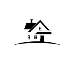 Black and white minimalist house logo with a chimney, windows, and a slight hill on a clean white background.