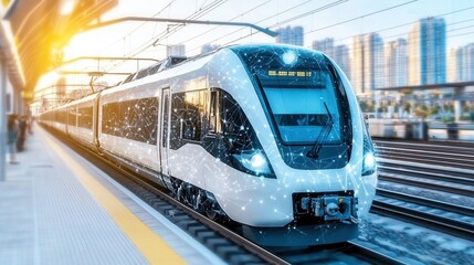 Fototapeta premium A sleek and futuristic high speed commuter train glides smoothly through a vibrant glass and steel cityscape