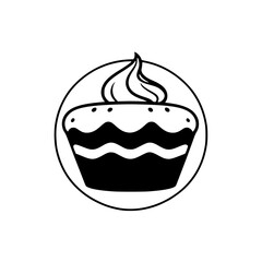 Stylized Monochrome Illustration: A Round-Framed Cupcake with Creamy Swirl on Top, Emphasizing Sweet Treats and Baking.