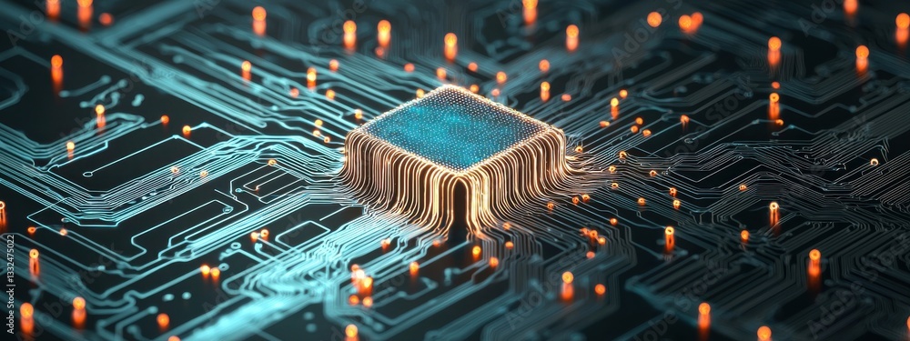 Poster abstract image of futuristic microchip on printed circuit board