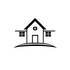 Minimalist Black and White House Logo on a Curved Base, Featuring Windows, Door and Cross-shaped Window Detail.