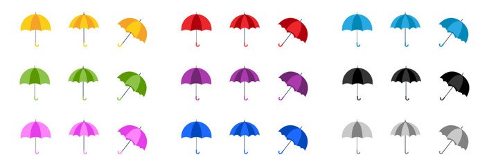 Colorful umbrellas icons in flat style - vector illustrations of nine different colors of umbrellas.