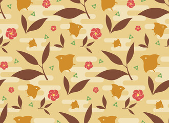 A japanese style seamless pattern with vibrant elements of birds, flowers, leaves, and geometric motifs, 