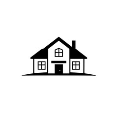 Minimalist Black and White Illustration of a House with Gable Roof, Windows, Door and Chimney.