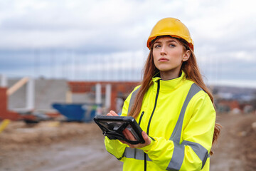 Female construction worker using a tablet on a building site