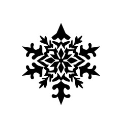 A symmetrical black and white snowflake illustration featuring intricate geometric patterns and sharp, angular designs, set against a clean white backdrop.