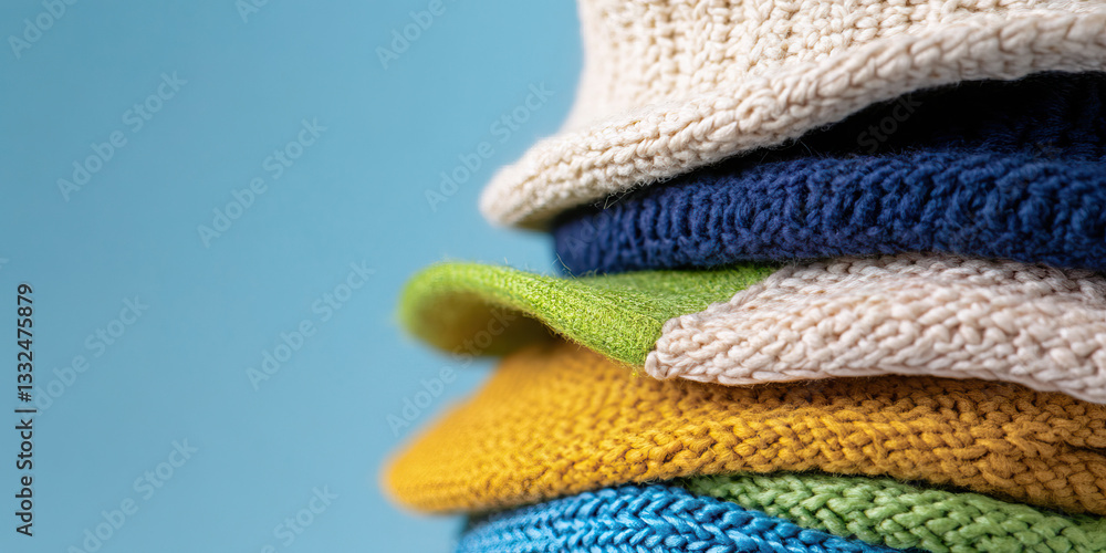Poster stack of knitted items in multiple colors