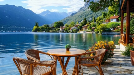 A beautiful lakeside cafe scene featuring table and chairs