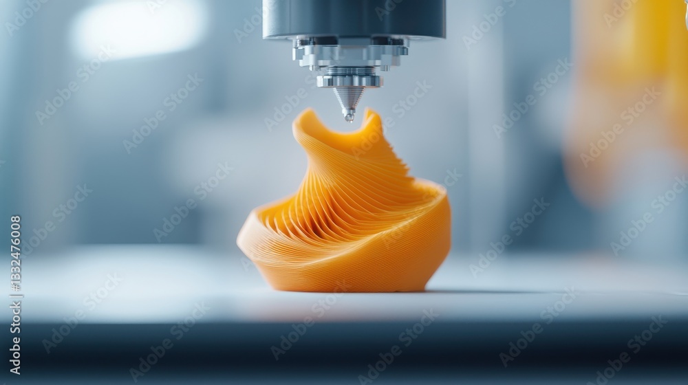 Poster 3d printing process with orange filament in modern workshop setting