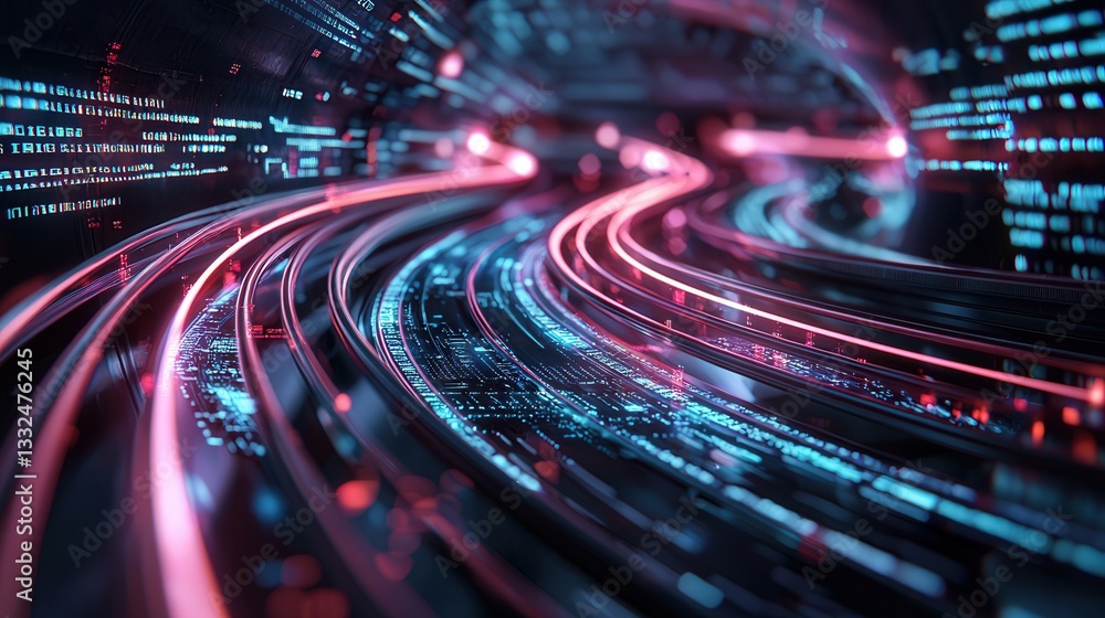 Poster a captivating futuristic image depicting an infinite glowing tunnel through a cyberspace landscape w