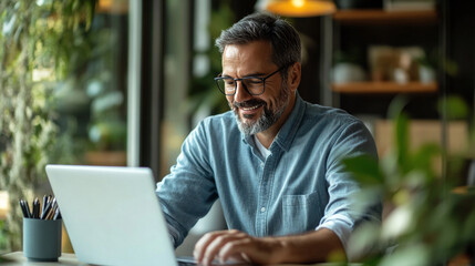 A confident business coach, dressed casually, engages in a virtual meeting from home, using a laptop for professional training and negotiations
