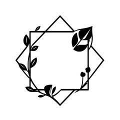 Black and White Geometric Floral Frame with Leaves and Berries, Isolated on White, Minimalist Design.