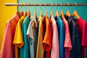 Fototapeta premium Colorful display of discounted clothing items on hangers, retail, fashion, promotion