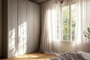 Sunlit bedroom, elegant wardrobe, sheer curtains, hardwood floor, tranquil scene
