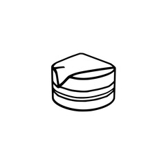 Abstract illustration of a layered cake with a triangular slice on top and a napkin, depicted in bold black lines on a white backdrop.