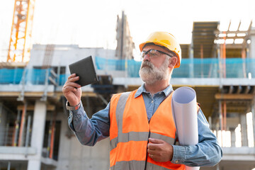 Construction manager reviews plans and inspects progress on a building site