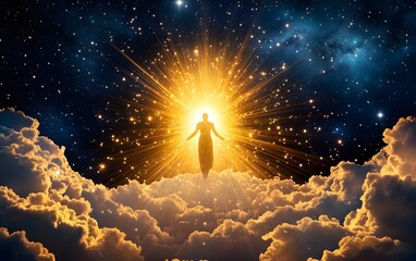 A celestial being descending from the heavens, their radiant presence filling the space with divine light