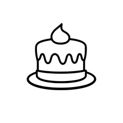 Simple Cake Illustration: A single-tier cake with wavy icing and a cream drop on a plate, depicted in a minimalist black outline style against a white background.