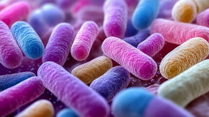 A bunch of colorful bacteria are shown in a close up. The bacteria are in various colors, including pink, purple, blue, and yellow