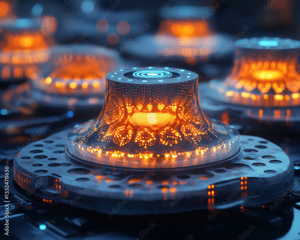 Poster glowing digital network nodes on biolab surfaces create futuristic atmosphere