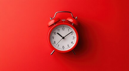Minimalist red alarm clock on a solid-colored background, flat lay